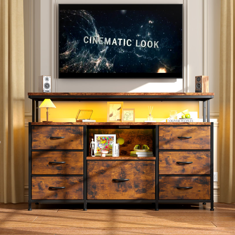 43.5" Dresser Tv Stand For 55" Tvs With Led Lighting, Built-in Power Outlet, Storage Shelves & 7 Fabric Drawers, Brown