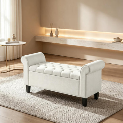 Banc de rangement capitonné avec accoudoirs roulés, repose-pieds avec charnière de sécurité