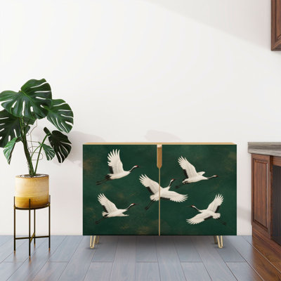 Sideboard Buffet Cabinet with Storage Elegant Cranes Green with 2 Doors for Living Room and Kitchen