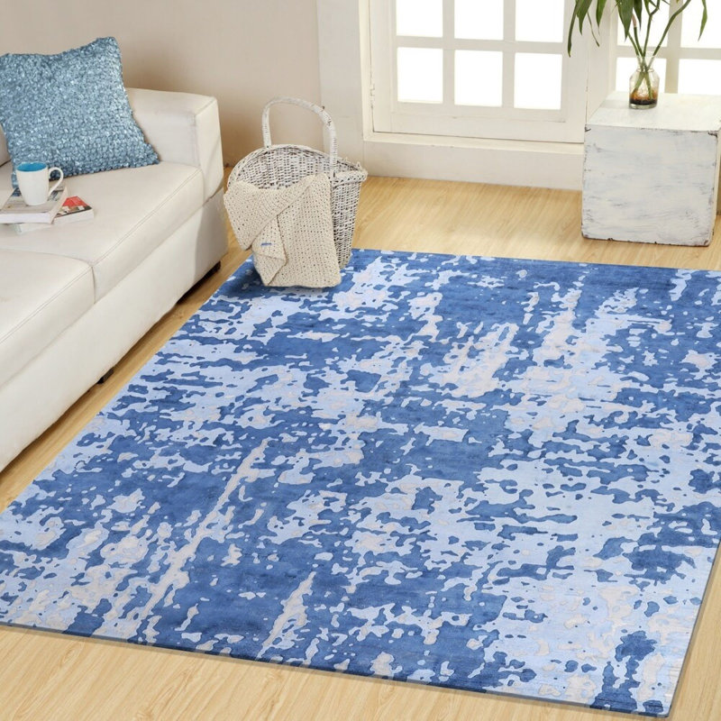 Tapis bleu bouclé fait à la main, Rectangle de 8 pi x 10 pi