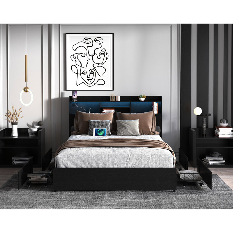 Lit double avec 4 tiroirs, tête de lit avec rangement, charge Ul, support stable, tablette sans tête de lit, ports de charge, sommeil silencieux