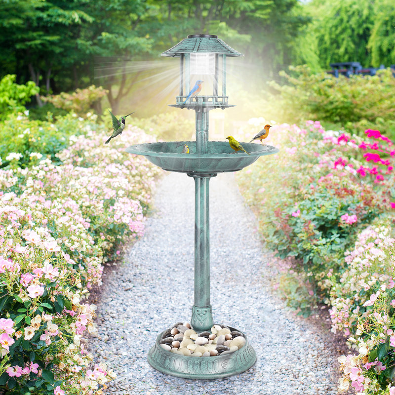 Green Plastic Birdbath with Solar Light and Stand