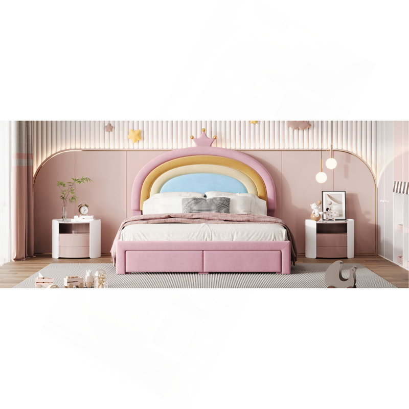 Full Size Upholstered Rainbow Design Bed, Velvet Princess Platform Bed With Storage Drawer, No Box-Spring Needed,Colorful&Pink
