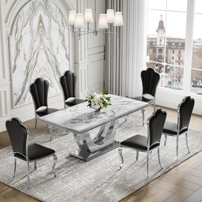 7-Piece Dining Table Set, Marble Veneer MDF Table with 6 Faux Leather Dining Chairs – Modern Dining Room Furniture