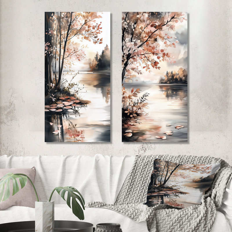 Reflets printaniers au bord du lac - Ensemble de 2 toiles décoratives « Forêt riveraine », 32" H x 32" W, Wrapped Canvas