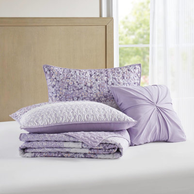 Courtepointe très grande / très grande taille, jeté, imprimé en microfibre, trois motifs floraux, coussin froncé, lavable à la machine 4 pièces - courtepointe, 2 taies décoratives, 1 jeté