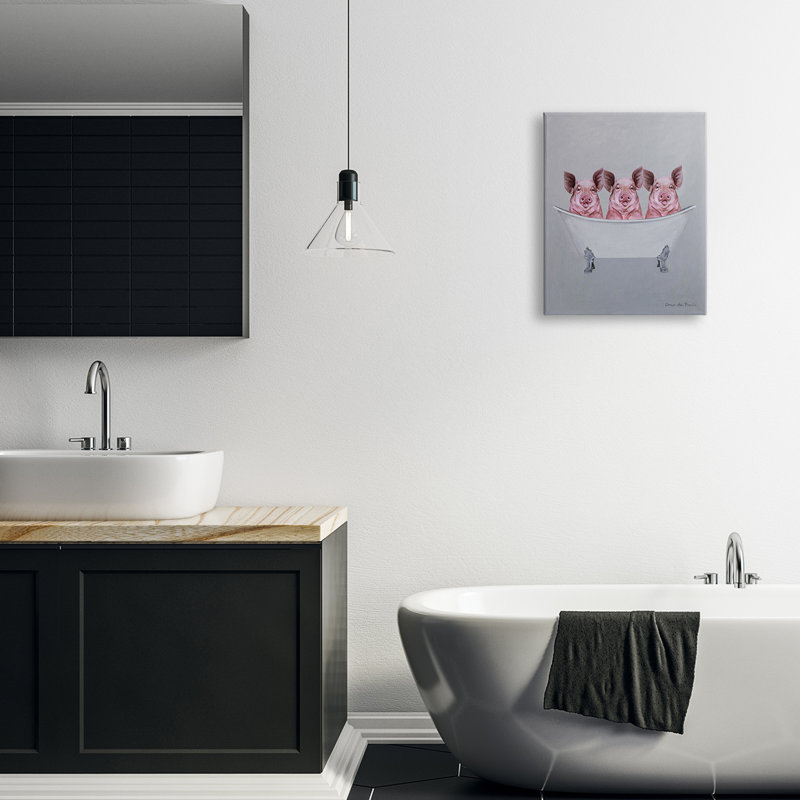 Adorable illustration de trois cochons roses dans une baignoire par Coco de Paris - Peinture, Toile tendue