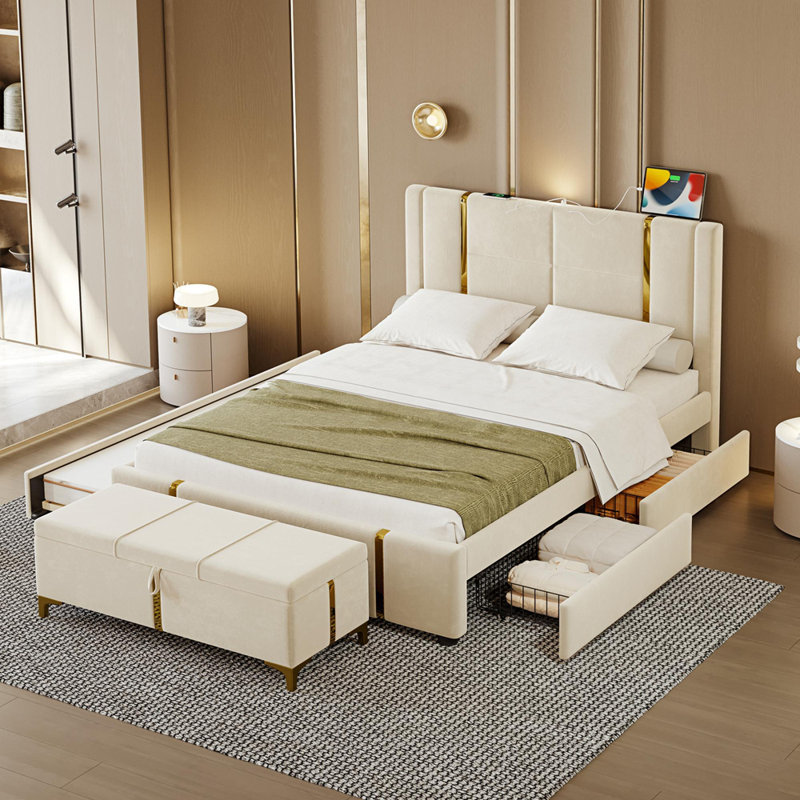 Ensemble de chambre à coucher 2 pièces, lit plateforme tapissier grand avec lit gigogne, 2 tiroirs, veilleuse et charge USB, repose-pieds de rangement avec pieds en métal