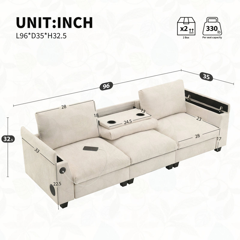 Chenille Sectional Sofa with Bluetooth Speaker,Comfy Cloud Couch Set with Drop Down Table,Cup Holders,USB Charger,Storage Armrest,Wide Seat Sofa for Living Room,Apartment,Office