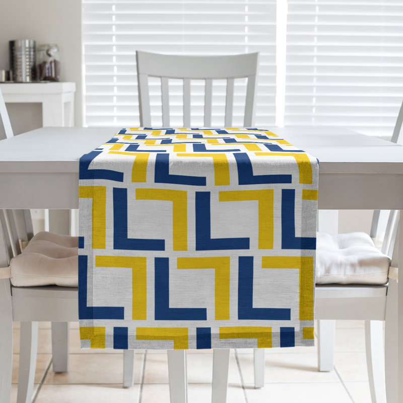 Geometric Table Runner, 72" x 16", White/Royal Blue/Gold, Polyester
