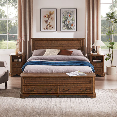 Farmhouse Queen Bed With 64" Tall Storage Headboard With 4 Drawers And Storage Bench，Rustic Wood Platform Bed Frame