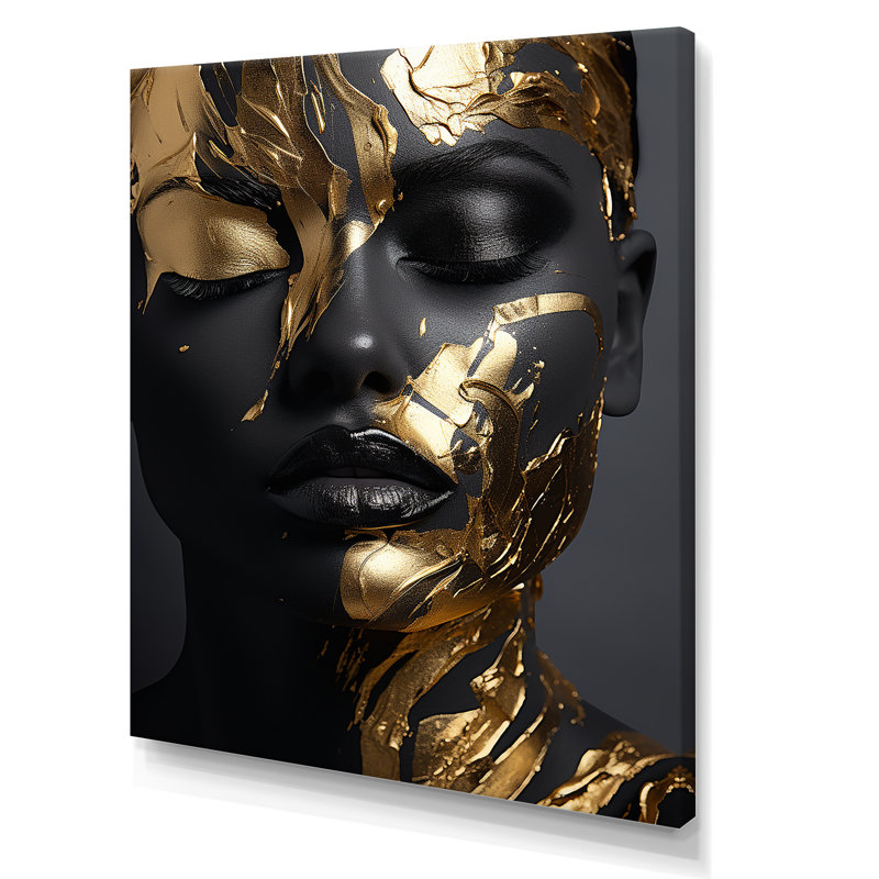 Femme dorée noire et dorée Photo II - Art mural grande femme, Toile tendue, Sans cadre, H 44 po x l 34 po