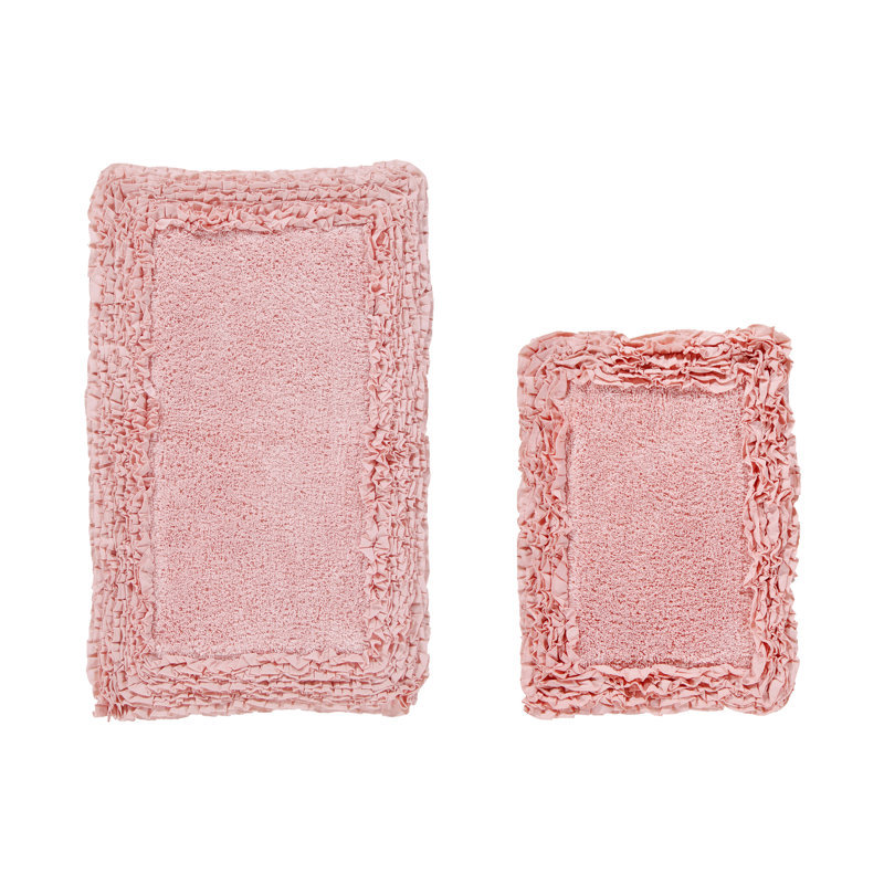 Courson Premium 100% Cotton 1775 GSM 2-Piece Bath Rug Set, OEKO-TEX® Certified, Non-Slip Spray Latex Backing, Plush Tufted Ruffle Pattern, Super Absorbent, Machine Washable Bathroom Rugs, Pink