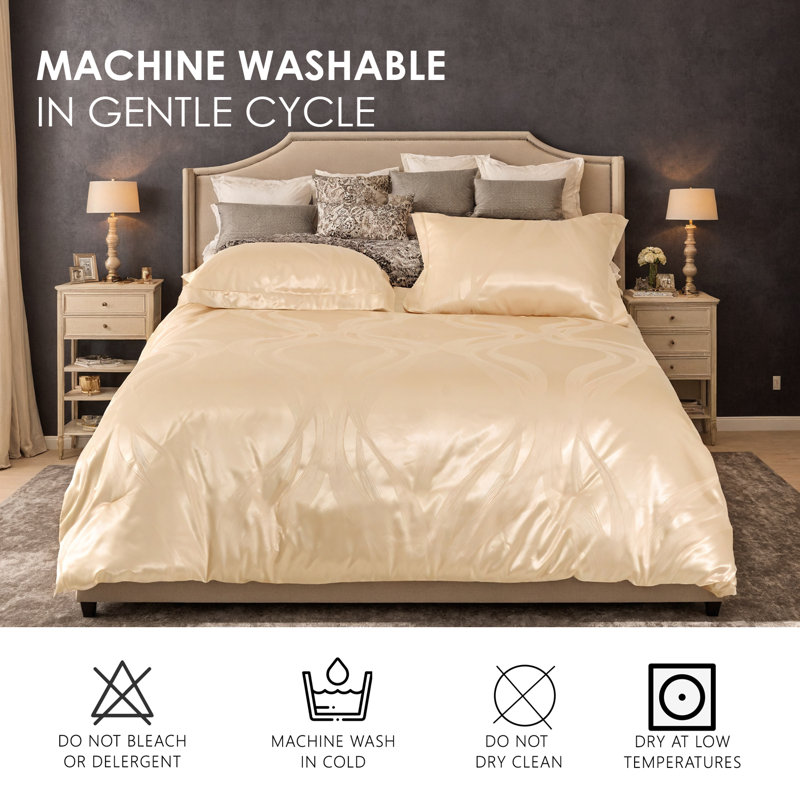 Reversible Jacquard Satin Silk Bedding Set, Queen Size Luxury Microfiber Duvet Cover & Pillow Shams, Metallic Gold Accents Mitered Edges, Ideal For Master Bedroom Home Staging