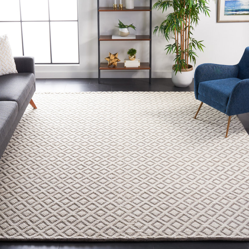 Tapis géométrique en laine tissé à la main ivoire / brun, Rectangle 8 pi x 10 pi