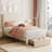 Twin Bed Frame with Under-Bed Drawer, Upholstered Platform Bed with Wave Headboard-117326982