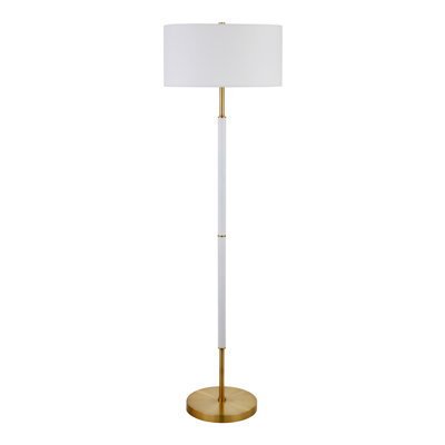62 Inch Two-Tone Floor Lamp Fabric Drum Shade Matte White Brass Contemporary Olie