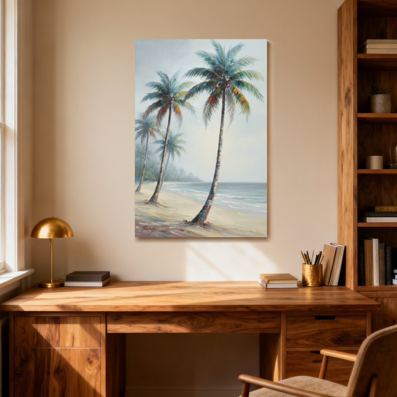 Plantes et fleurs, plage tropicale, palmiers, vue sur l'océan, H 18 po x l 12 po