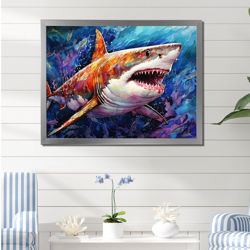 Shark Haven Under Water, peinture sur toile II, H 16 po x l 32 po x P 1 po, Cadre simple argenté