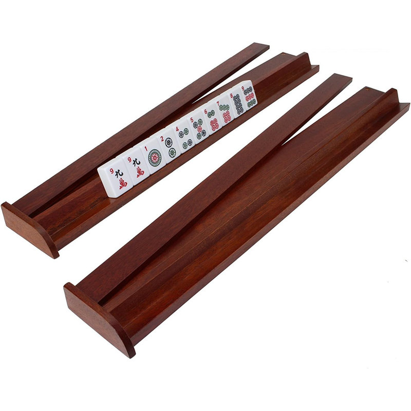 Ensemble de Mahjong américain dans une caisse en bois 166 tuiles 4 poussoirs et supports en bois