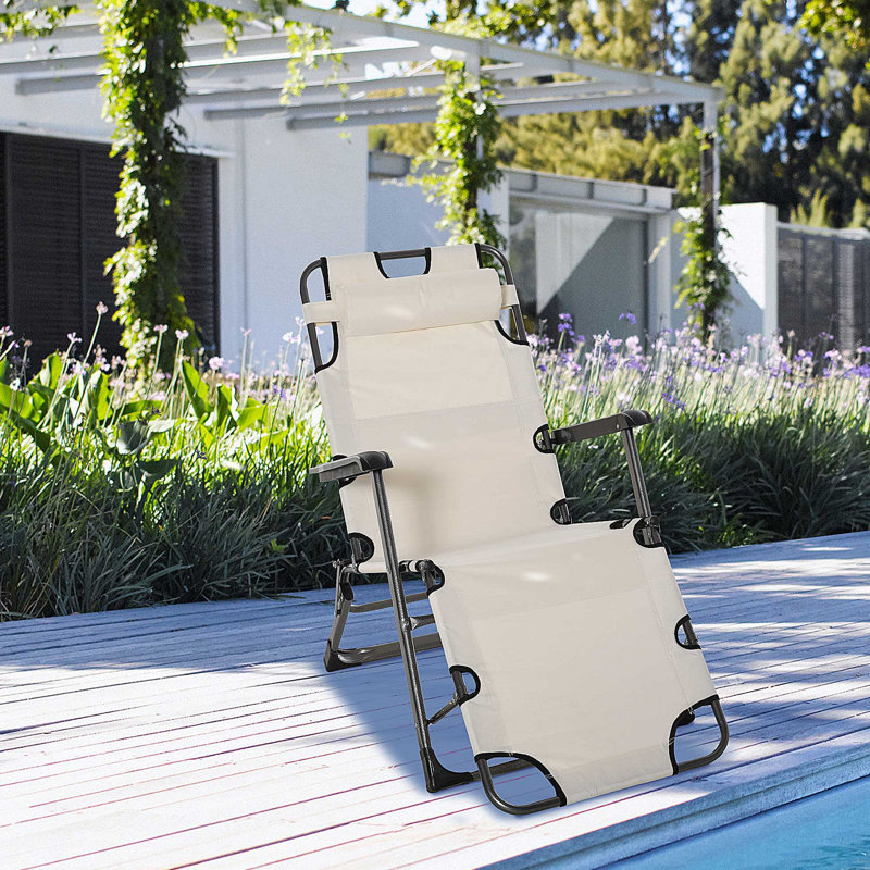 Folding Chaise Lounge Chair For Outside, 2-In-1 Tanning Chair With Pillow & Pocket, Adjustable Pool Chair For Beach, Patio, Lawn, Deck
