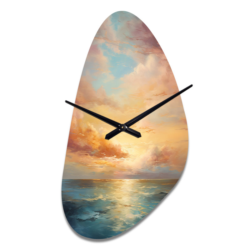 Océan coucher de soleil céleste symphonie - horloges métalliques de forme unique coucher de soleil, horloge murale asymétrique en métal bleu sarcelle