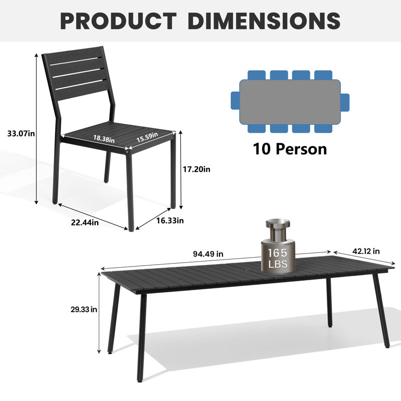 Ensemble repas pour 10 personnes en aluminium avec trou pour parasol et chaises empilables, Noir