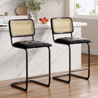 Ensemble de 2 chaises de salle à manger, tabourets de bar à hauteur de comptoir, tabourets de bar rembourrés en cuir avec dossier en rotin, tabourets sans accoudoirs
