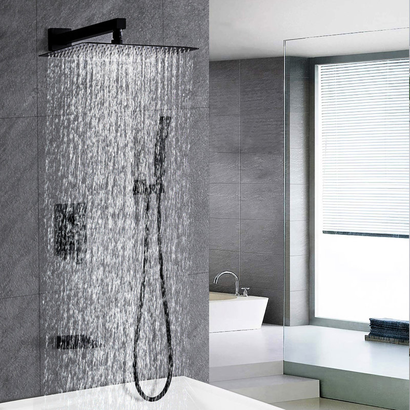 12" Shower In Matte Black Style - Handheld Shower, Balanced, Ceramic Disc, Wall Mounted Fixture Kit Installation Head, Handheld, Mount