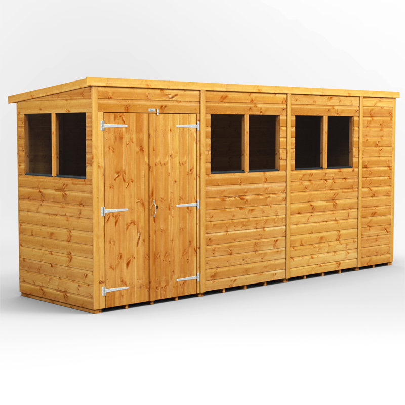 Powersheds 14 x 4ft Timber Tongue & Groove Pent Garden Shed, Double Doors