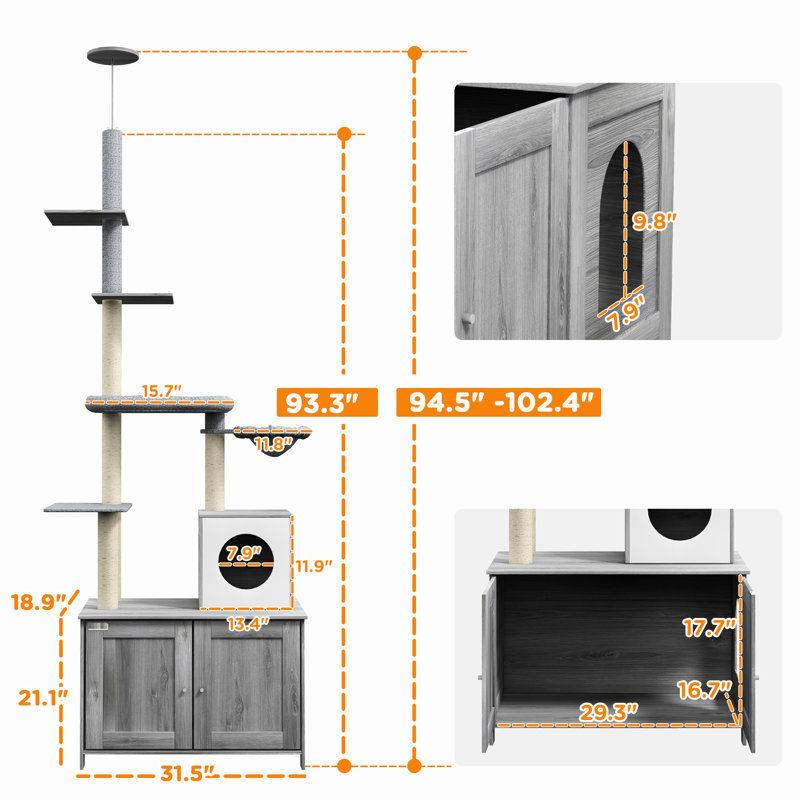 Enceinte de litière pour chat 2 en 1 - gris. Moderne avec lit, poteaux à griffer et plateformes pour chats