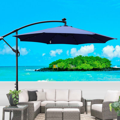 Parasol de patio de 10 pi avec lumières à énergie solaire -, 8 nervures, manivelle, base croisée pour terrasse de jardin, piscine d'extérieur à DEL