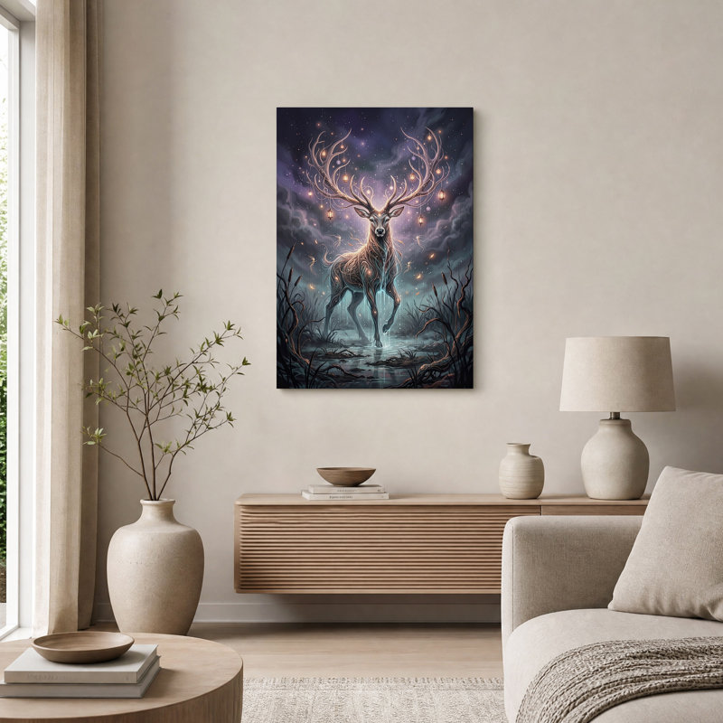 Tableau sur toile représentant un cerf lumineux aux bois de lanterne, H 24 po x l 16 po