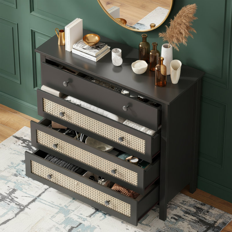 Modern Rattan Storage Cabinet With 4 Drawer, Black