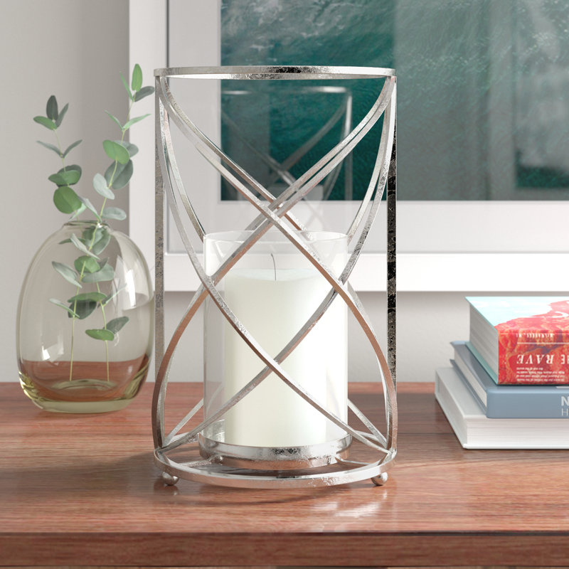 Geometric Metal Hurricane with Glass Insert, 10" H x 6" W x 6" D, Silver