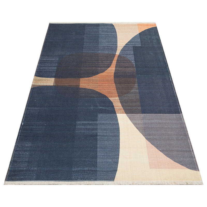 Tapis bleu marine / beige / brun à motif abstrait en polyester tissé à la machine 5 pi 3 po x 7 pi 7 po
