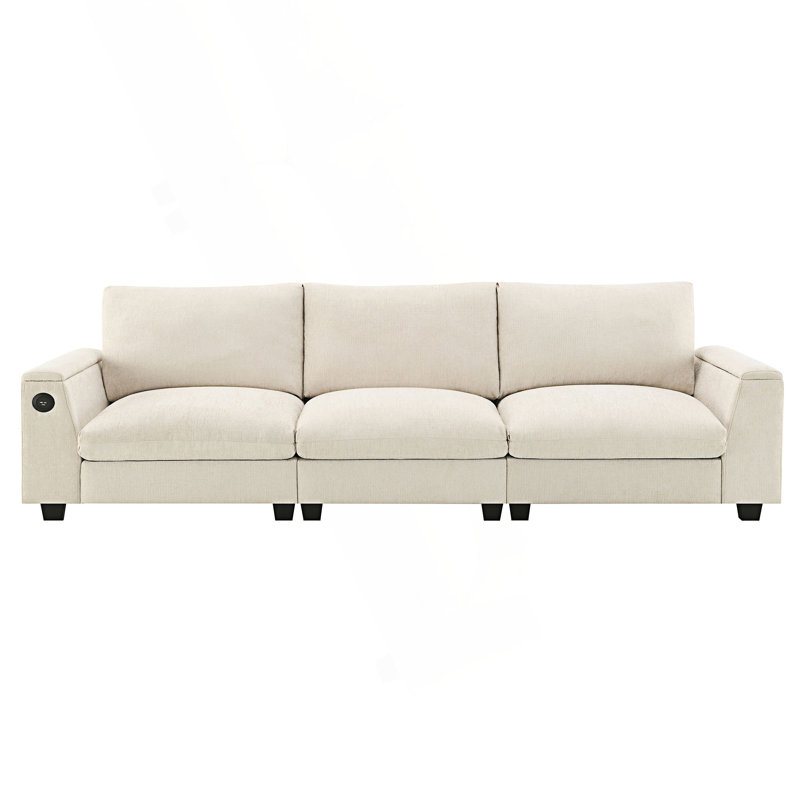 Sectional Sofa With Bluetooth Speaker, Comfy Cloud Couch Set With Drop Down Table And Cup Holders, Beige