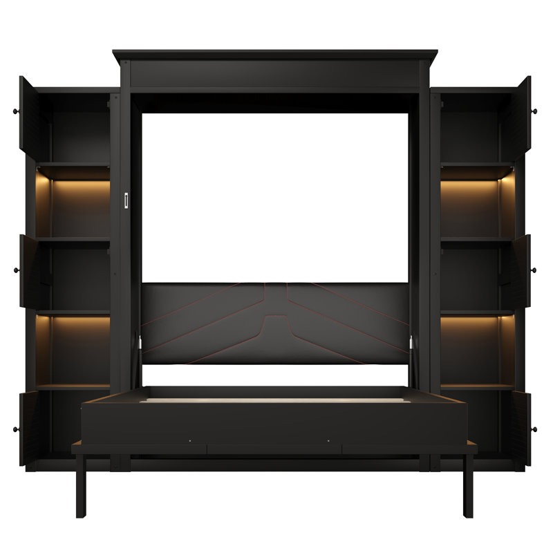 Queen Size Murphy Bed with LED Lighting and Built-In Storage Shelves, Black