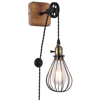 Black Armed Sconce Metal Cage Wall Lamp Pulley Pendant Light With Wooden Base Hanging Wall Sconce