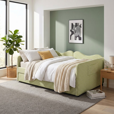 Lit de jour double avec lit gigogne escamotable, canapé-lit en vichy rembourré avec poche de rangement latérale, structure en bois massif, lit de jour multifonctionnel 3 en 1 pour chambre à coucher, chambre d'amis