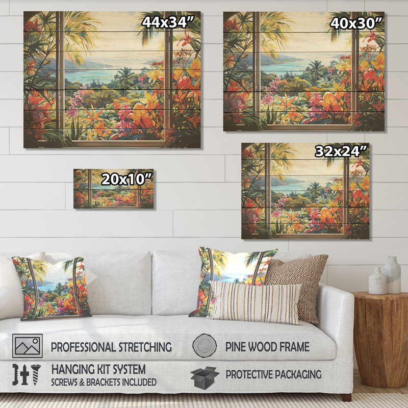 Fleurs tropicales avec Blooms IV - fenêtres côtières sur bois, H 30 po x l 40 po