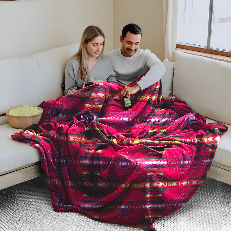 Queen Size Reversible Pink Geometric Fleece Sherpa Throw Blanket
