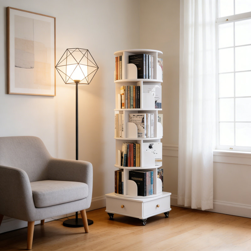 360° Rotating 6-Tier Corner Bookshelf With Drawer, Floor-Standing Narrow Wooden Bookcase, Space-Saving Organizer For Bedroom & Living Room
