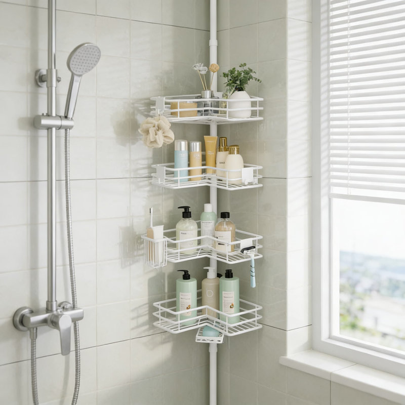 Adjustable Corner Shower Caddy Organizer With 4-Tier Shelves, Soap Holder, Toothbrush Holder And Hooks - Rustproof Stainless Steel Tension Pole For Bathroom Storage