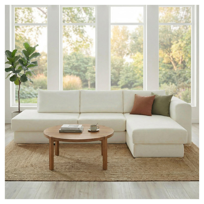 Canapé modulaire en L beige chenille modulaire avec accoudoirs carrés