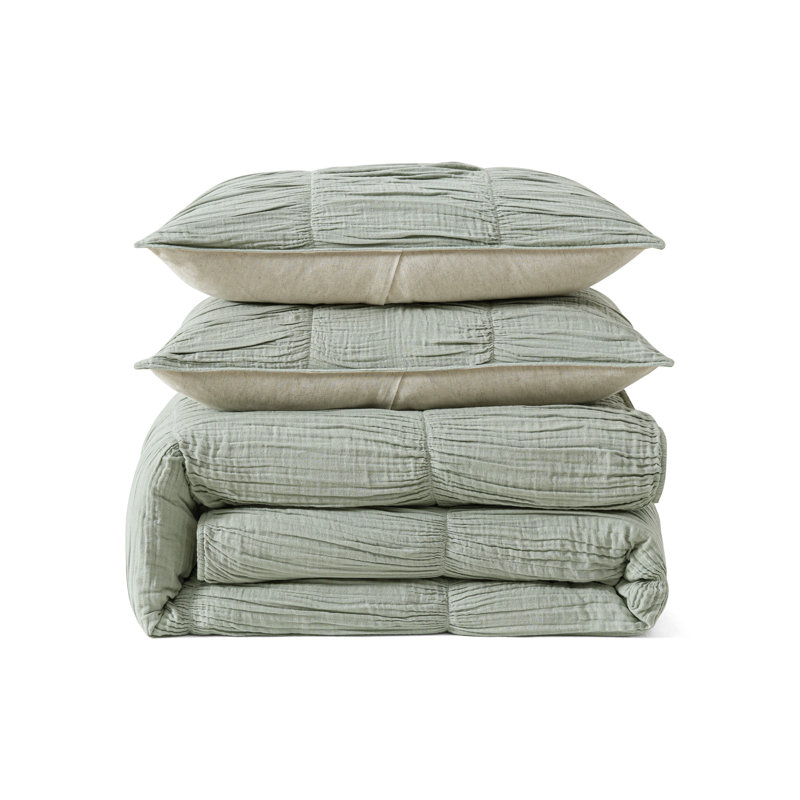 DKNY Pure Ruched Gauze Duvet Set Green, King Duvet Cover + 2 Pillow Shams