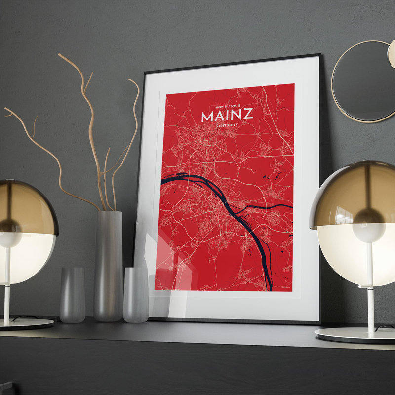 Mainz, carte de la ville, impression, Rouge / Bleu marine, H 17 po x l 11 po