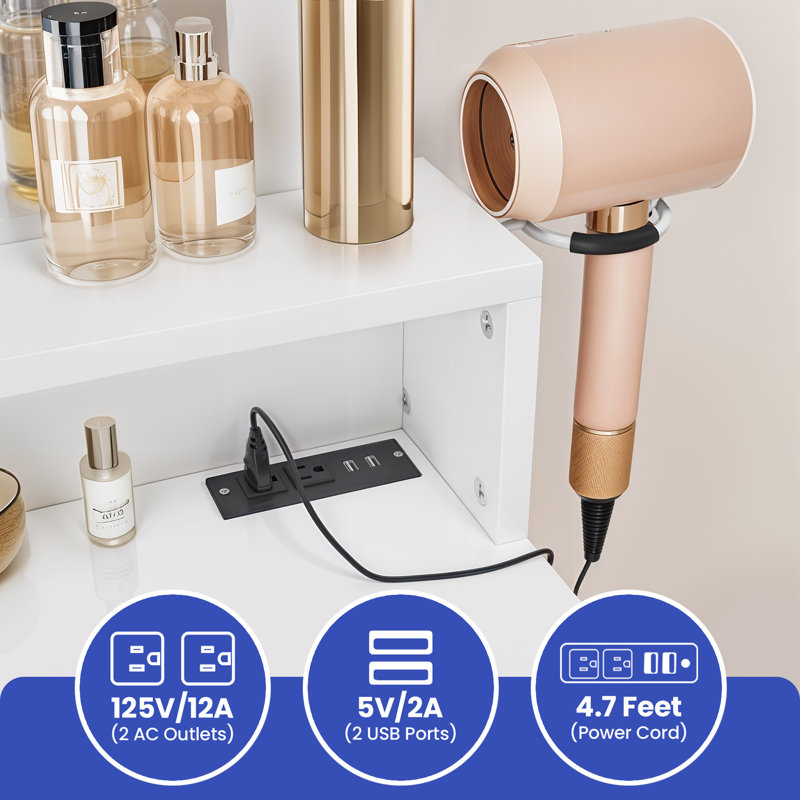 White and Gold Corner Vanity Desk with Tri-Fold Mirror and LED Lights