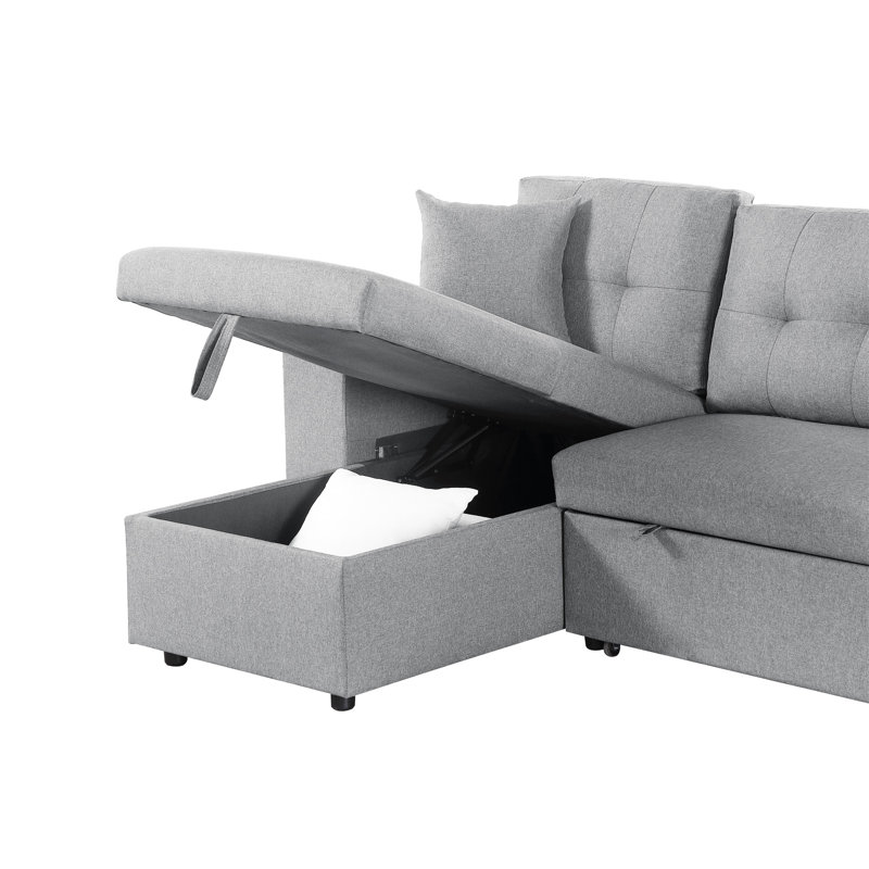 Upholstered Reversible Sectional With Pull Out Loveseat, Light Gray