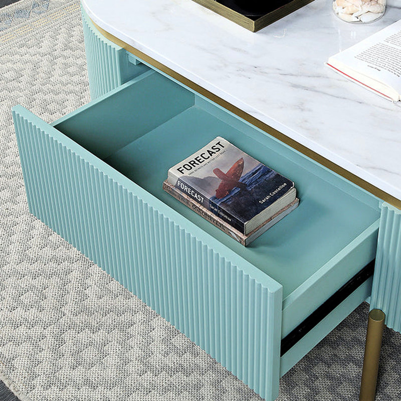 Table d'appoint contemporaine avec fini bleu canard, plateau et pieds en faux marbre blanc, idéale pour le salon, tiroir de rangement